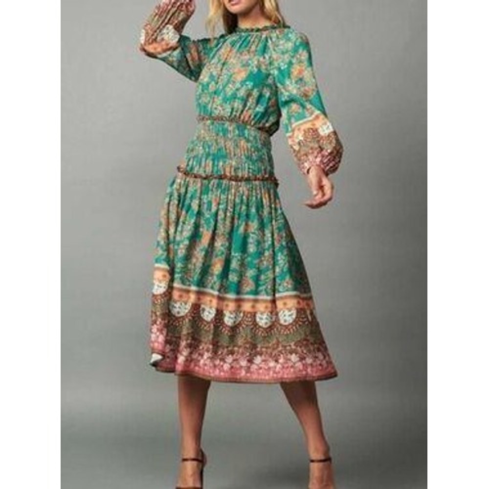 Current Air Los Angeles Green Floral Smocked Midi Dress Boho Velvet Trim Small